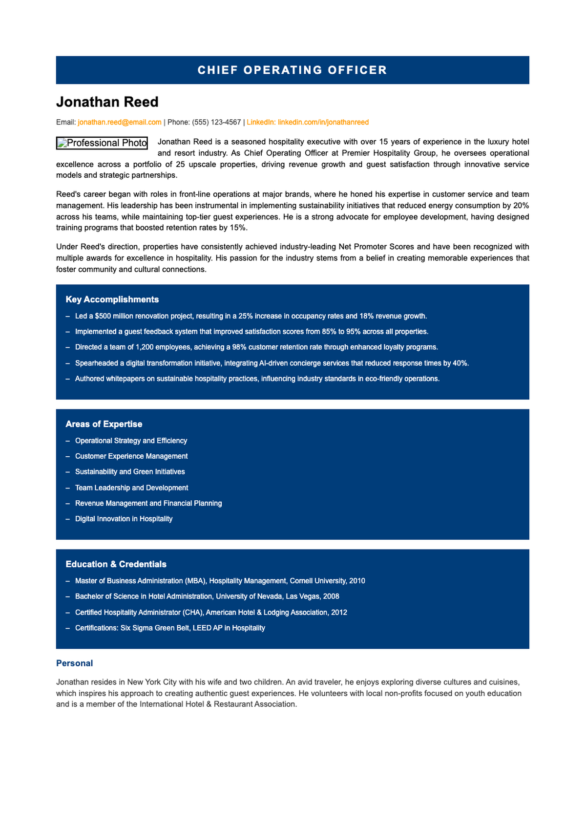 Professional hospitality industry management executive resume with blue header and photo_variant_2